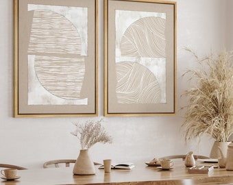 Framed Canvas Print Wall Art Set of 2 Tan White Polygons Abstract Shapes Illustrations Modern Art Neutral Minimalist Boho Decor