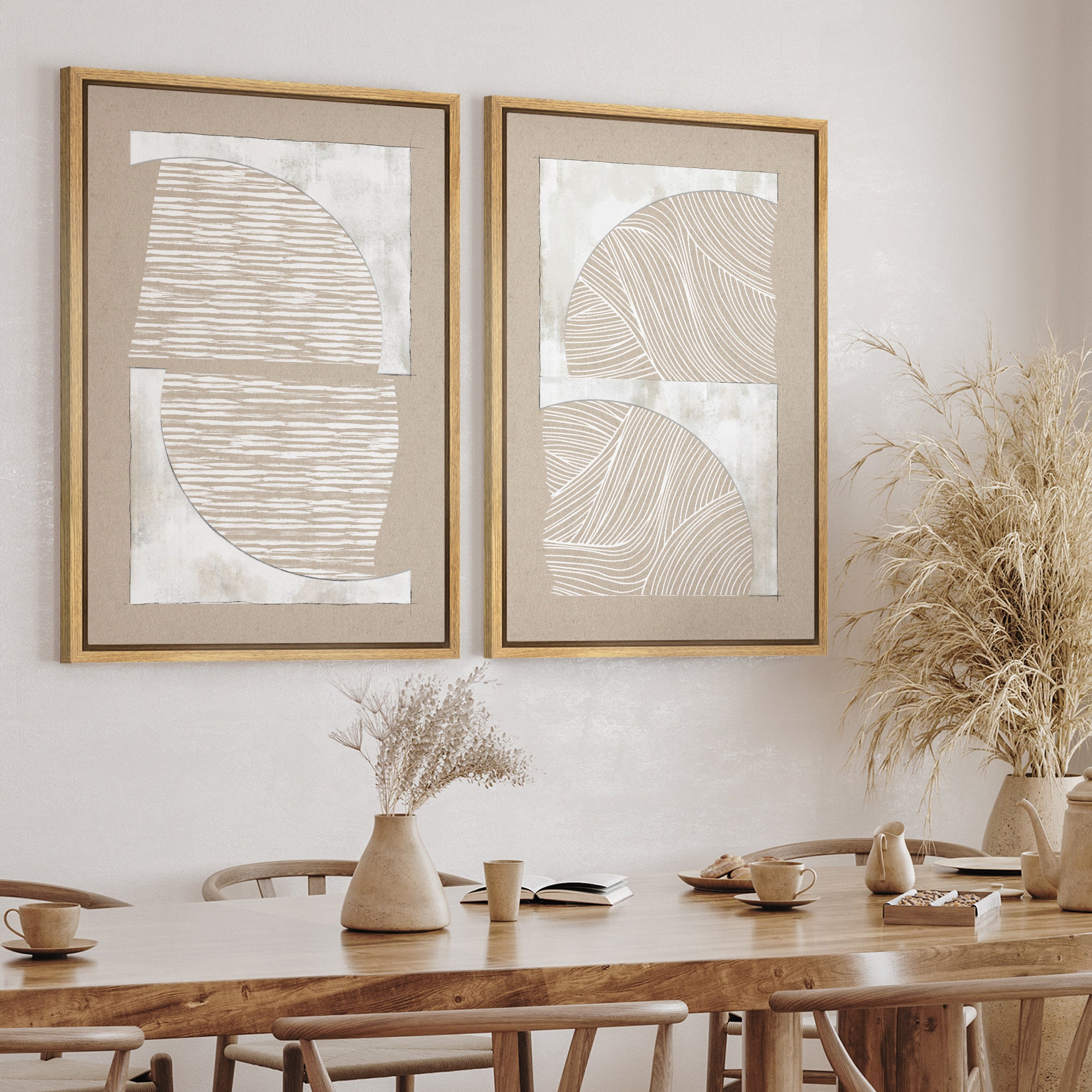 Framed Canvas Print Wall Art Set of 2 Tan White Polygons Abstract ...