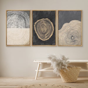 DustinWay Framed Canvas Print Wall Art Set of 3 Pastel Grunge Wood Tree Rings Abstract Illustrations Minimalist Modern Art Boho Decor