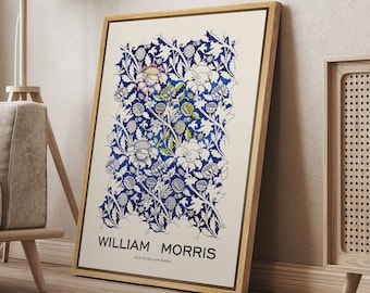 DustinWay Framed Canvas Print Wall Art Blue Floral Tapestry by William Morris Fine Art Modern Farmhouse Vintage Decor