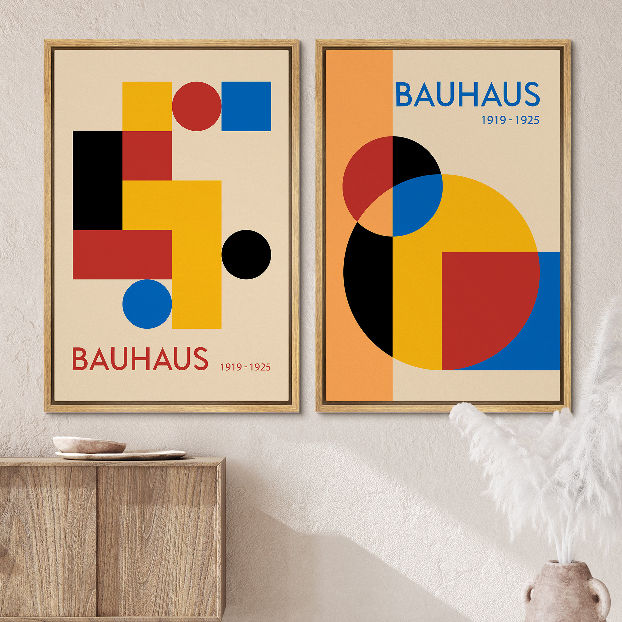 Dustinway Framed Canvas Print Wall Art Set of 2 Bauhaus Abstract Shapes ...