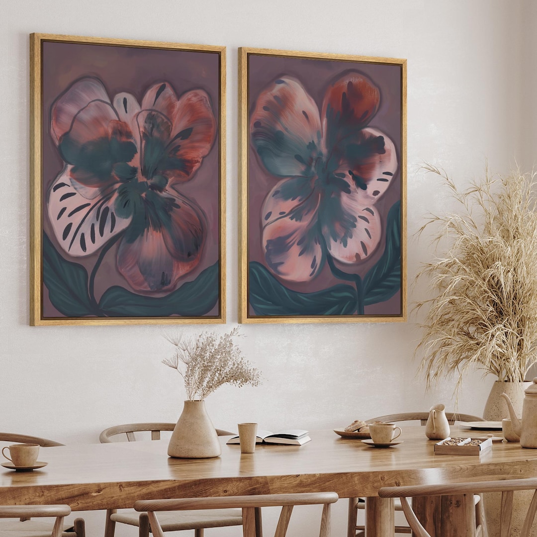 Abstract Floral Wall Art Set of 2 - Framed Modern Bold Purple Flower ...