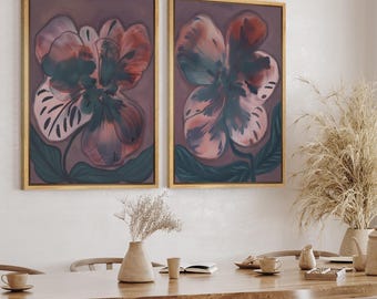 Abstract Floral Wall Art Set of 2 - Framed Modern Bold Purple Flower Canvas Prints, Contemporary Botanical Artwork for Living Room Decor