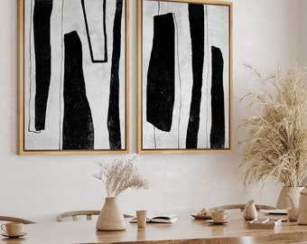 DustinWay Framed Canvas Print Wall Art Set of 2 Black Gray Polygons Abstract Illustrations Mid Century Modern Art Minimalist Decor