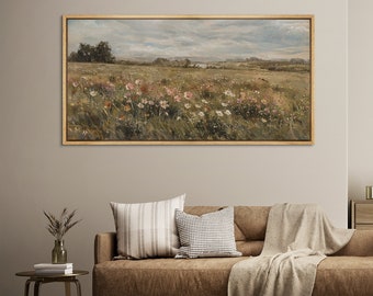 Large Wall Art Framed Canvas Wildflower Field Vintage Landscape Prints Botanical Floral Panoramic Wall Art Living Room Decor