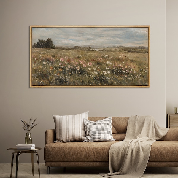 Large Framed Wildflower Meadow Landscape Wall Art, Vintage Pastoral Field Canvas Print, Soft Nature Botanical Decor for Living Room