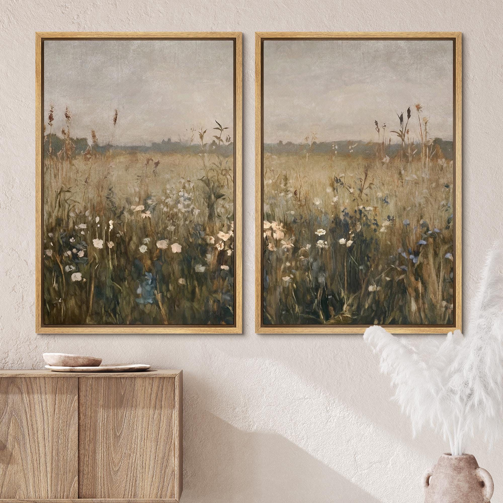 Vintage Wildflower Art - Framed Meadow Landscape Canvas Set of 3 ...