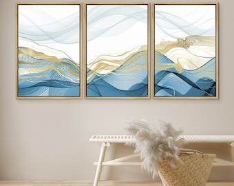DustinWay Framed Canvas Print Wall Art Set of 3 Gold Blue Abstract Wave Modern Art Minimalist Decor