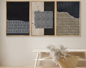 DustinWay Framed Canvas Print Wall Art Set of 3 Black Abstract Line Illustrations Modern Art Minimalist Decor