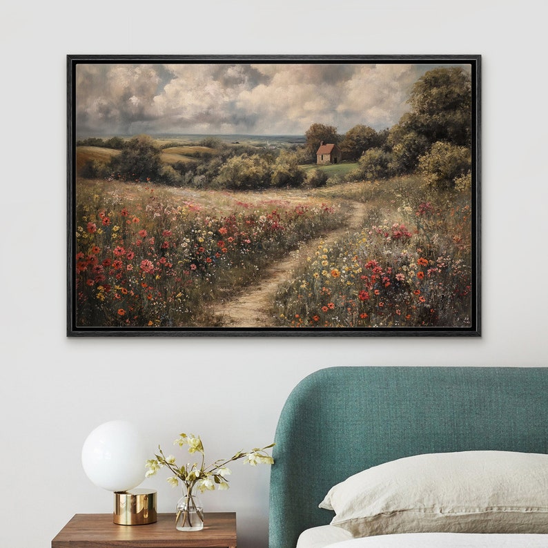 Framed Canvas Wall Art Vintage Wildflower Filed Landscape Art Print ...