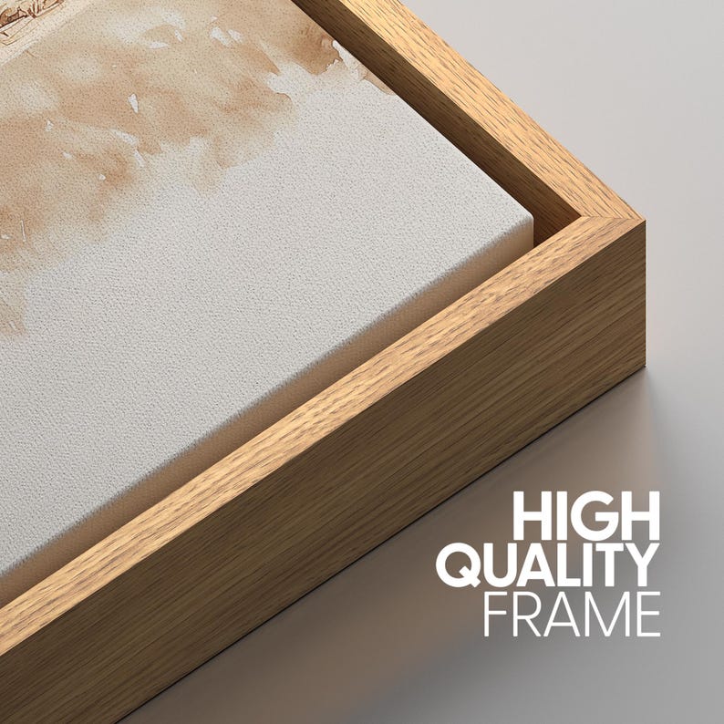 May include: Close-up of a wooden frame surrounding a canvas print. The frame is a light brown color and has a smooth finish. The canvas is white with a subtle texture. The text "HIGH QUALITY FRAME" is printed in white on a gray background below the frame.