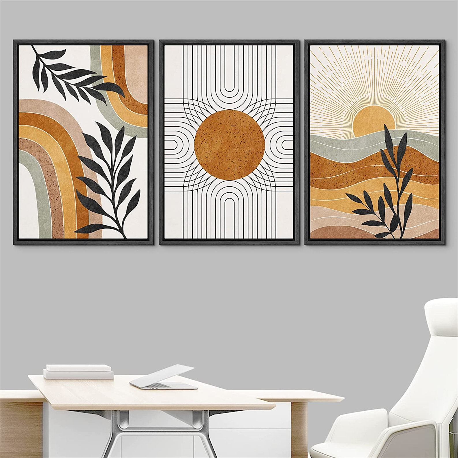 Dustinway Framed Canvas Print Wall Art Set of 3 Geometric Sun Etsy