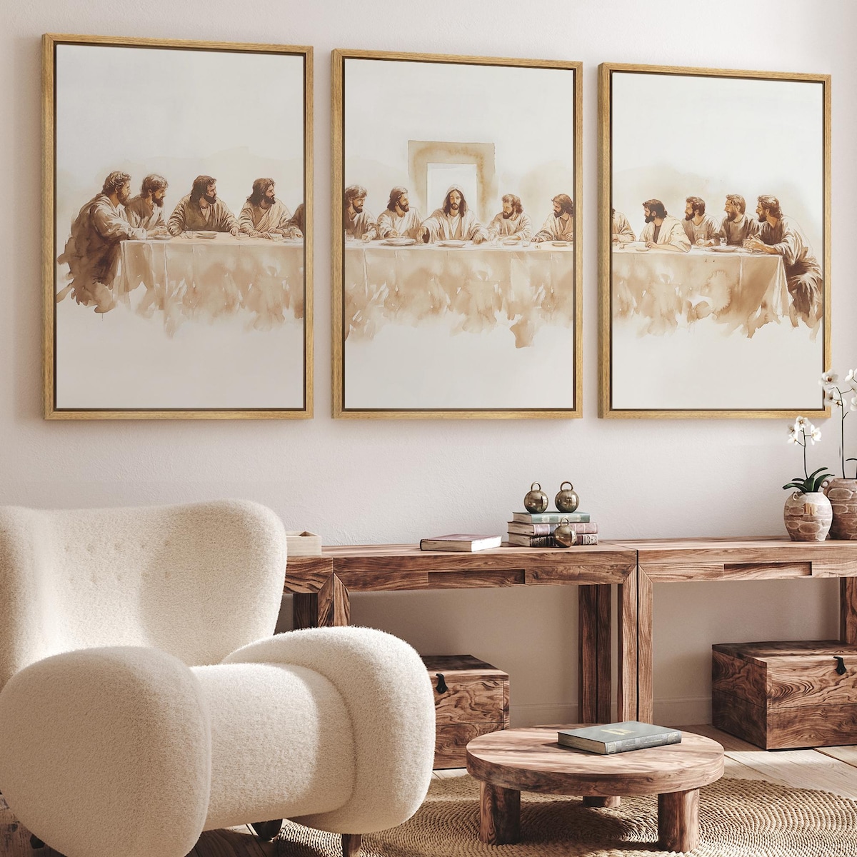 Framed Canvas Print Wall Art Set of 3 Jesus The Last Supper Art Poster Minimalist Modern Vintage Jesus Christian Farmhouse Wall Art Decor