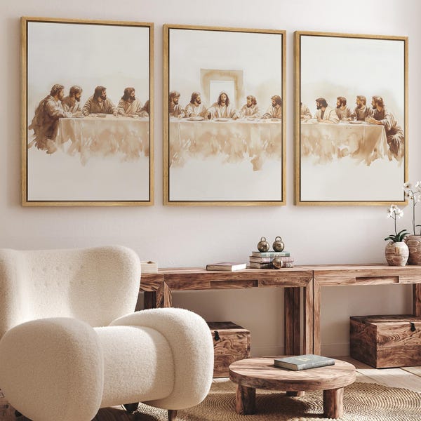 Framed Canvas Print Wall Art Set of 3 Jesus The Last Supper Art Poster Minimalist Modern Vintage Jesus Christian Farmhouse Wall Art Decor