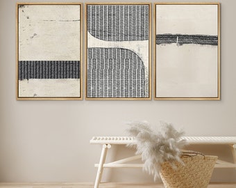 DustinWay Framed Canvas Print Wall Art Set of 3 Black Tan Grid Polygon Pattern Abstract Illustration Modern Art Minimalist Decor