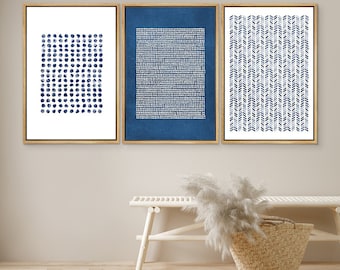 DustinWay Framed Canvas Print Wall Art Set Navy Blue White Geometric Dot Collage Abstract Illustration Modern Art Minimalist Decor