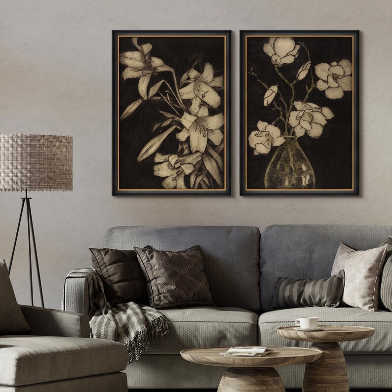 Framed Dark Floral Wall Art Set of 2, Vintage Botanical Flower Prints ...