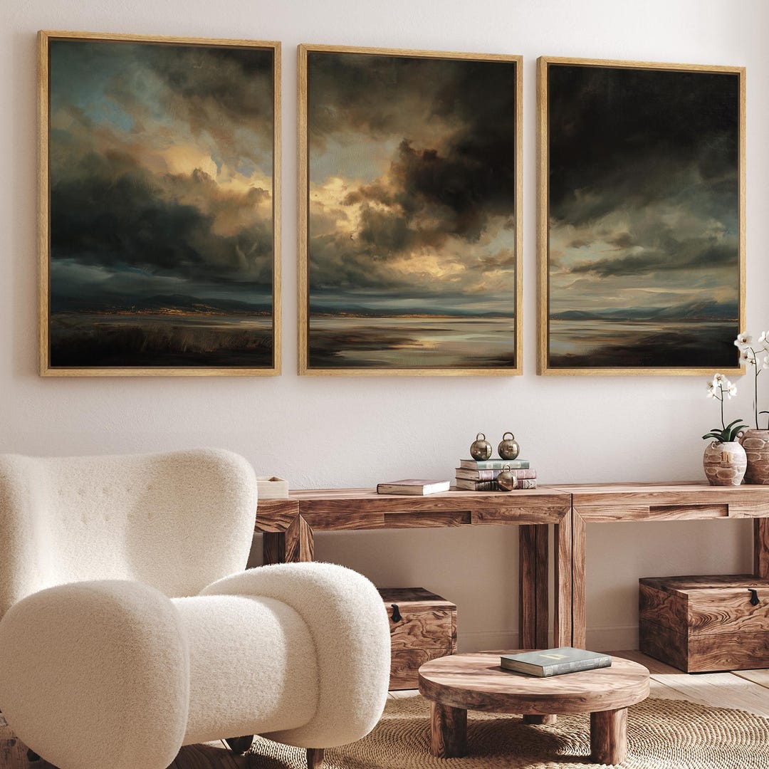 Framed Moody Sky Wall Art Set of 3, Dramatic Cloud Landscape Canvas ...