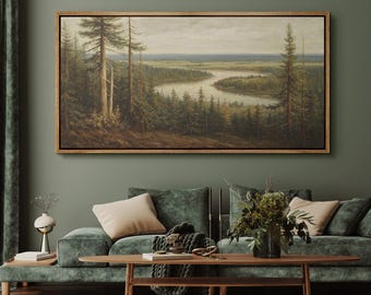 Peaceful River Valley Landscape Wall Art, Large Framed Tranquil Forest & River Canvas Print, Classic Nature Scene Artwork for Bedroom Decor