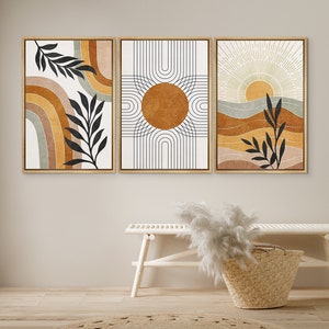 DustinWay Framed Canvas Print Wall Art Set of 3 Geometric Sun Desert Plants Abstract Illustration Mid Century Modern Art Boho Decor