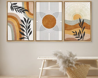 DustinWay Framed Canvas Print Wall Art Set of 3 Geometric Sun Desert Plants Abstract Illustration Mid Century Modern Art Boho Decor