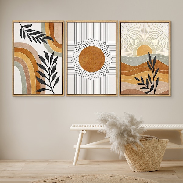DustinWay Framed Canvas Print Wall Art Set of 3 Geometric Sun Desert Plants Abstract Illustration Mid Century Modern Art Boho Decor