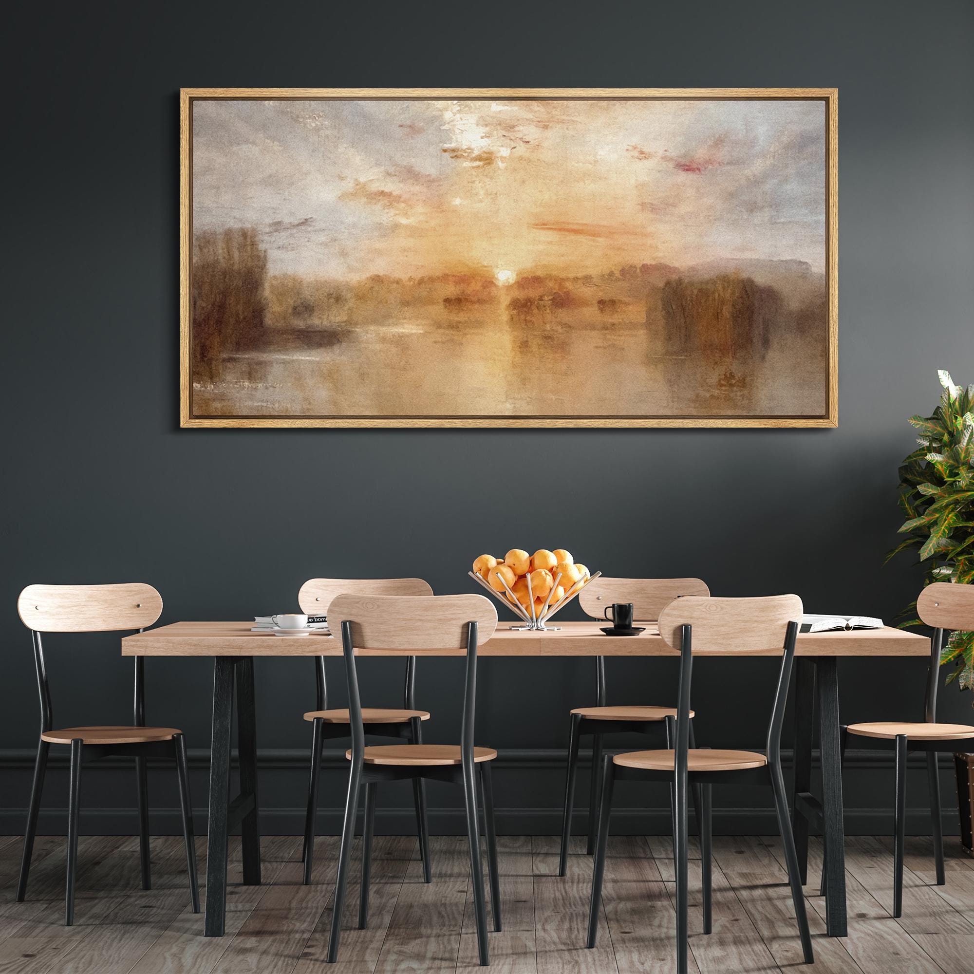 Sunset River Wall Art - Framed Golden Landscape Canvas Print, Warm ...