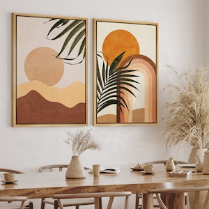 DustinWay Framed Canvas Print Wall Art Set of 2 Palm Leaf Geometric Landscape Abstract Shapes Illustration Mid Century Modern Art Boho Decor