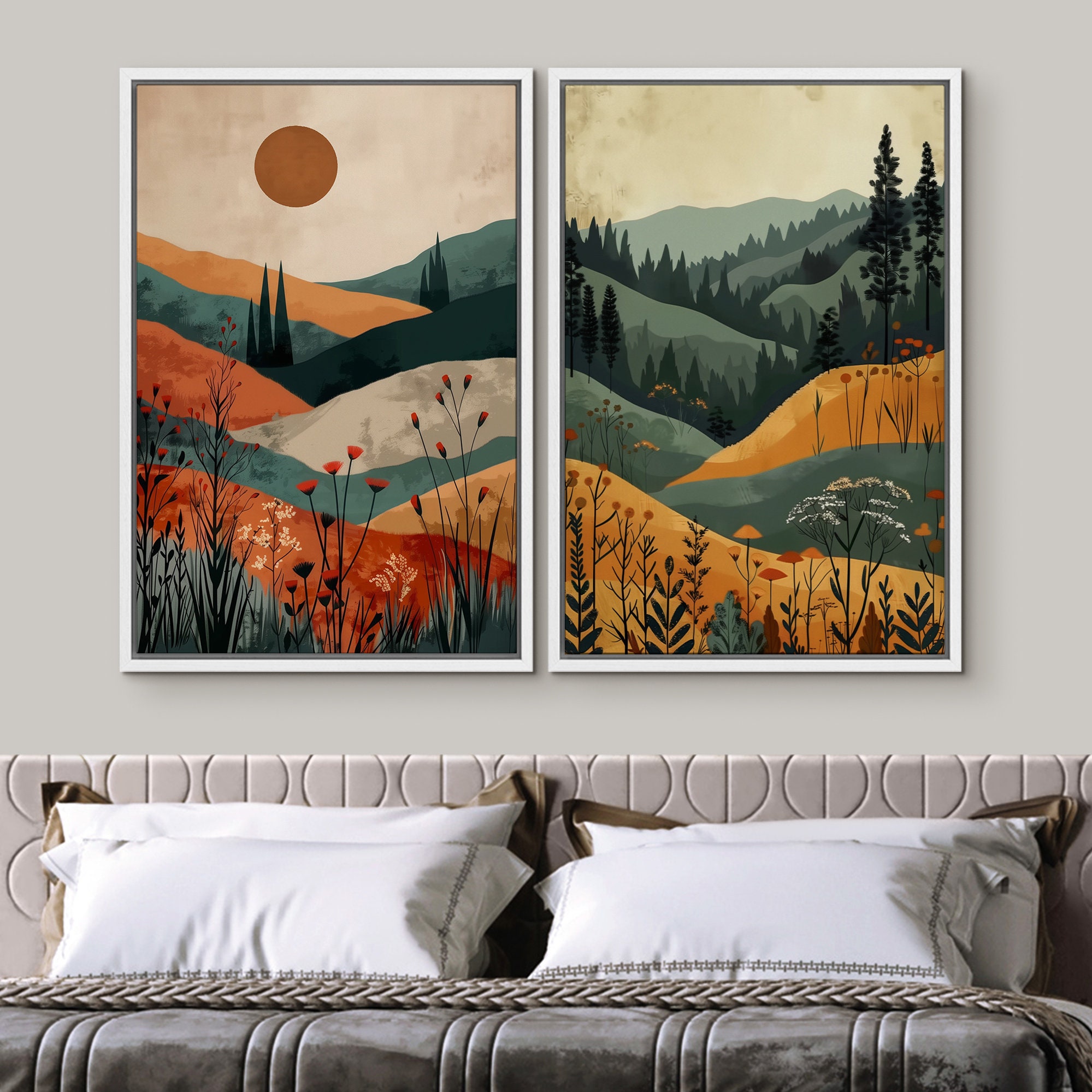 Framed Canvas Print Wall Art Set of 2 Mountain Forest Nature Landscape ...
