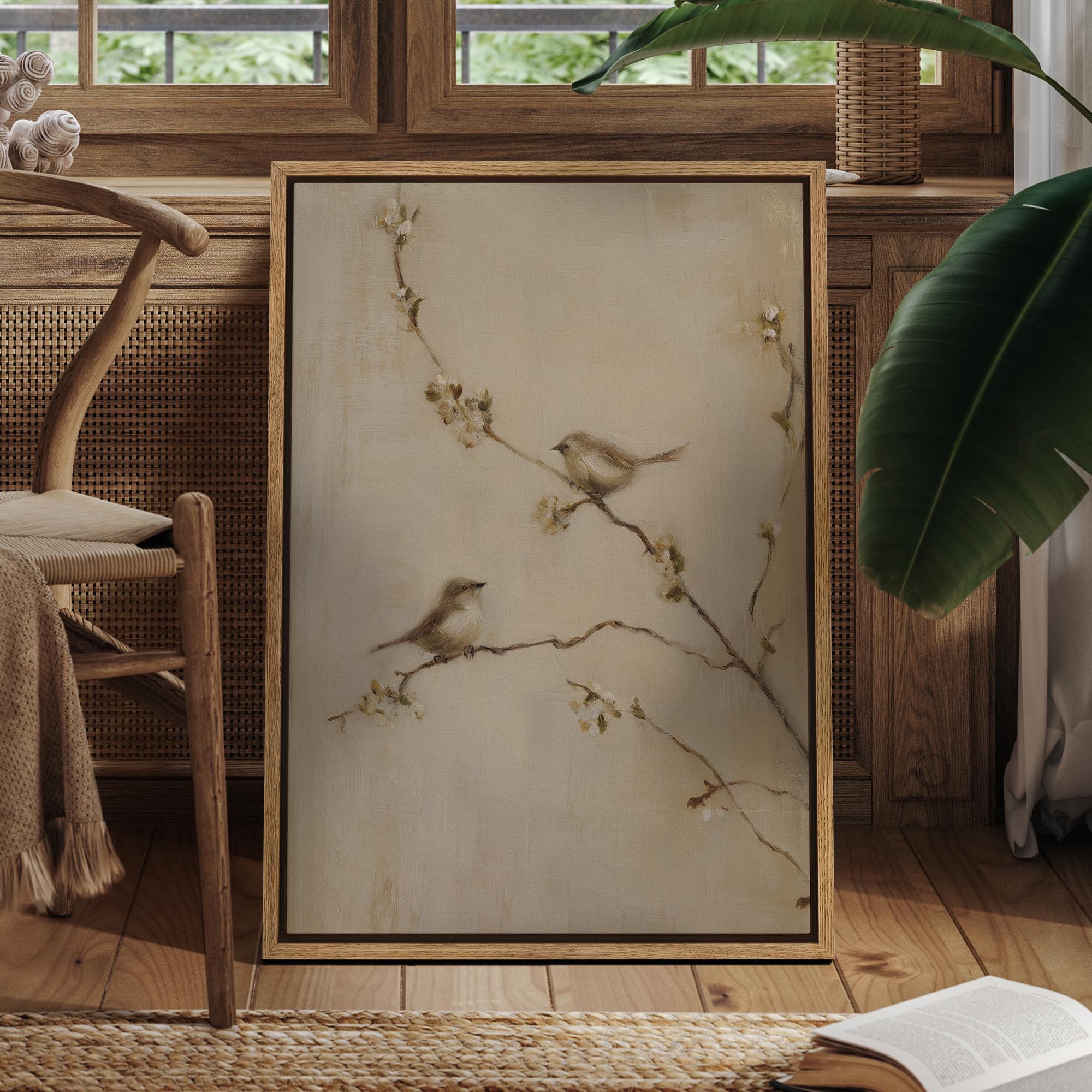 Bird on Blossom Branch - Framed Rustic Nature Wall Art, Neutral