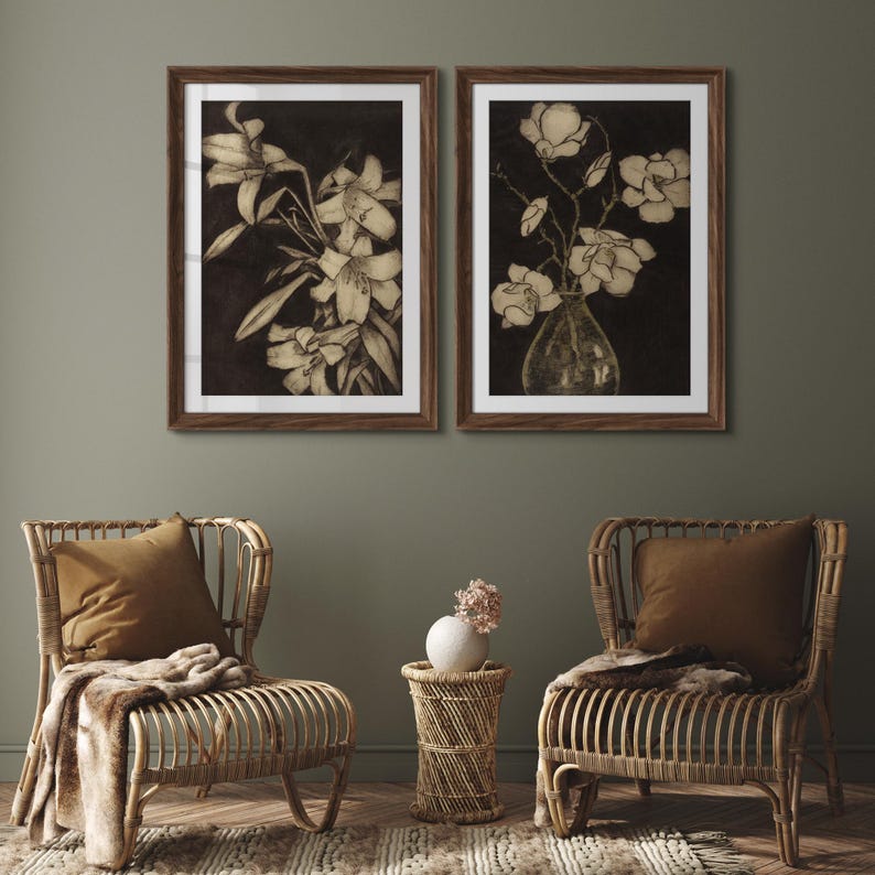 Framed Dark Floral Wall Art Set of 2, Vintage Botanical Flower Prints ...