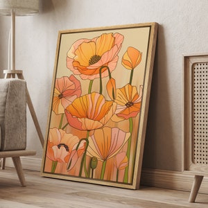 DustinWay Framed Canvas Print Wall Art Poppy Flower Floral Botanical Illustration Modern Boho Art Minimalist Decor