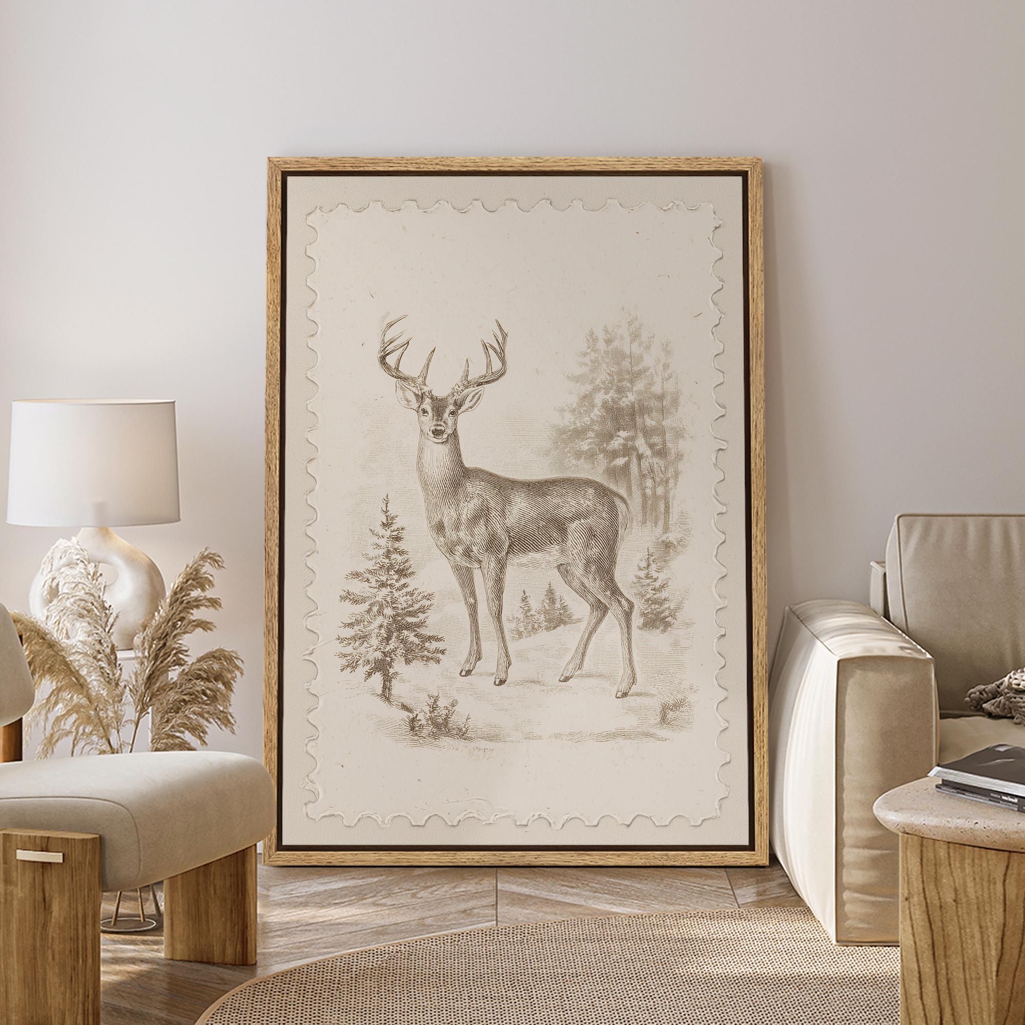 Framed Vintage Deer Wall Art, Woodland Buck Canvas Print, Rustic Forest ...