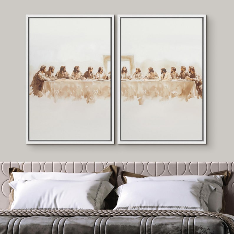 Framed Canvas Print Wall Art Set of 3 Jesus The Last Supper Art Poster Minimalist Modern Vintage Jesus Christian Farmhouse Wall Art Decor Set of 2 - White