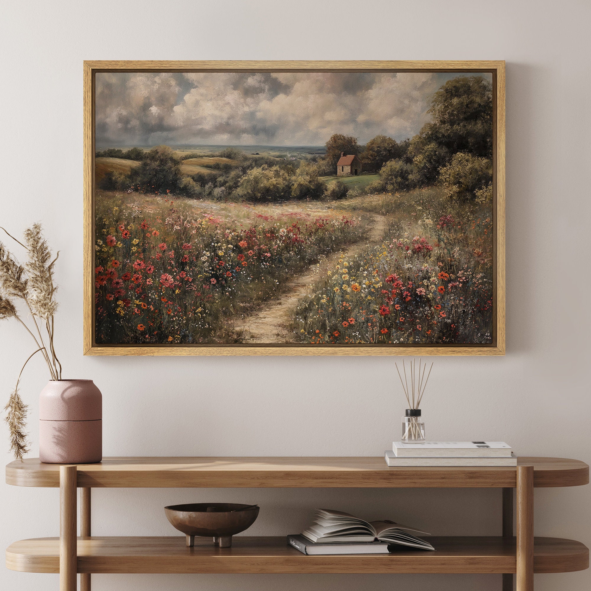 Framed Canvas Wall Art Vintage Wildflower Filed Landscape Art