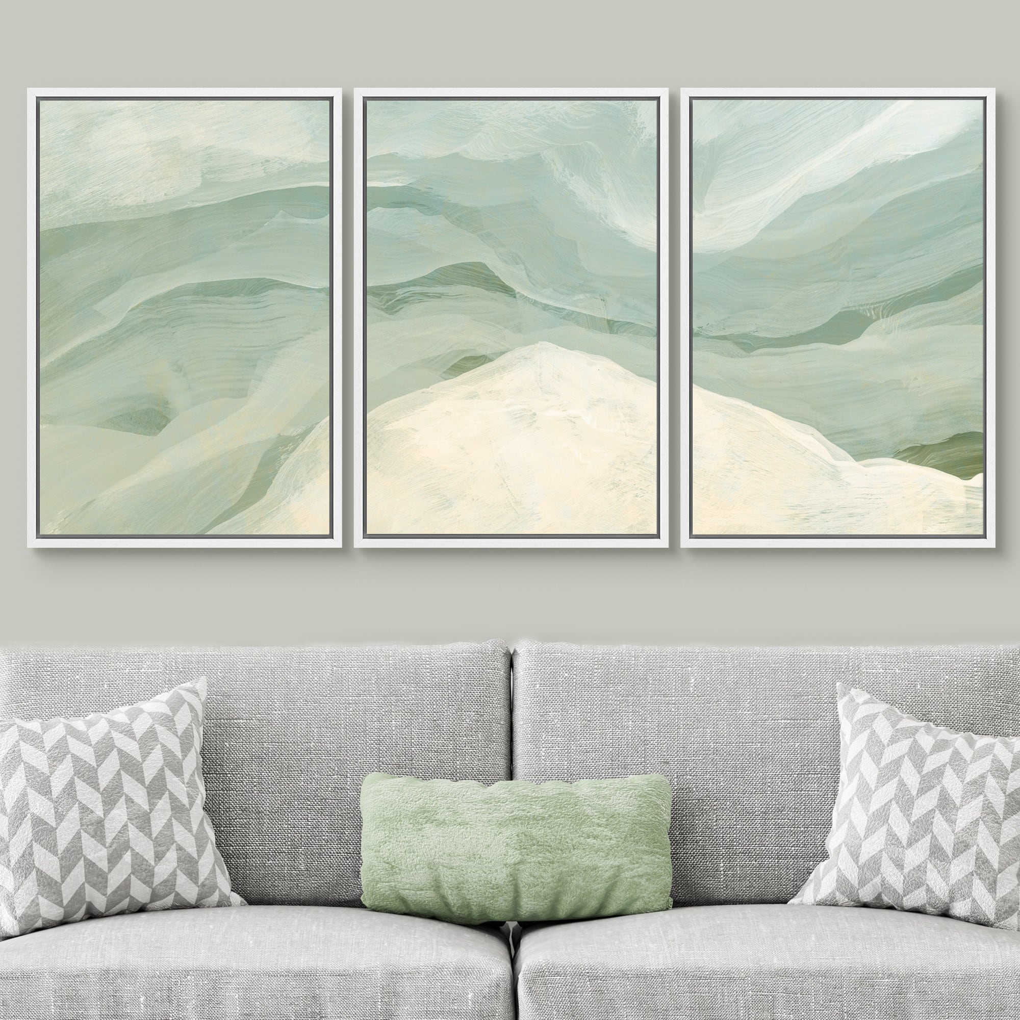 Framed Canvas Abstract Sage Green Wave Wall Art Set of 3 Brush Texture ...