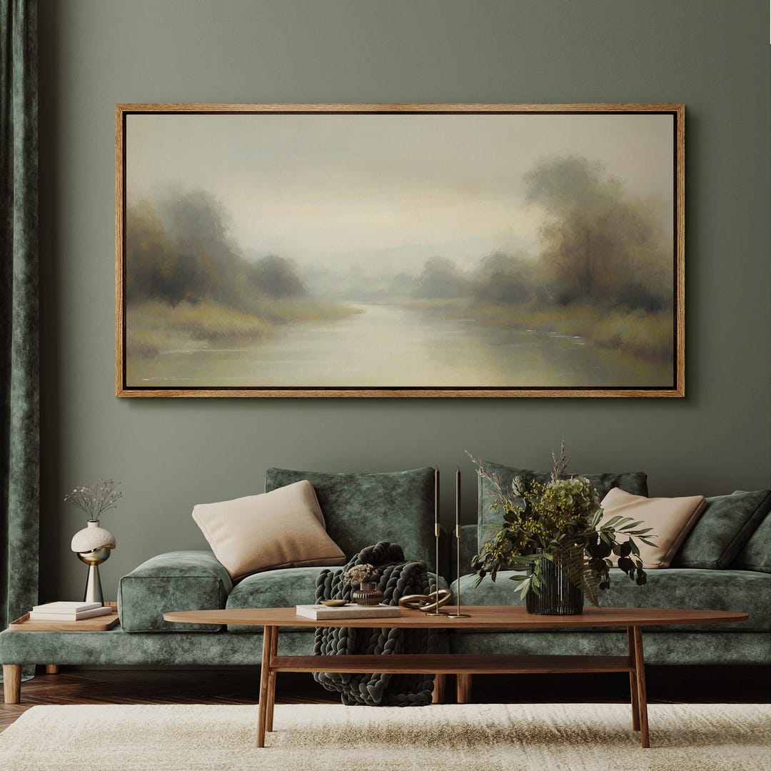 Misty River Wall Art - Large Framed Tranquil Landscape Canvas, Soft ...