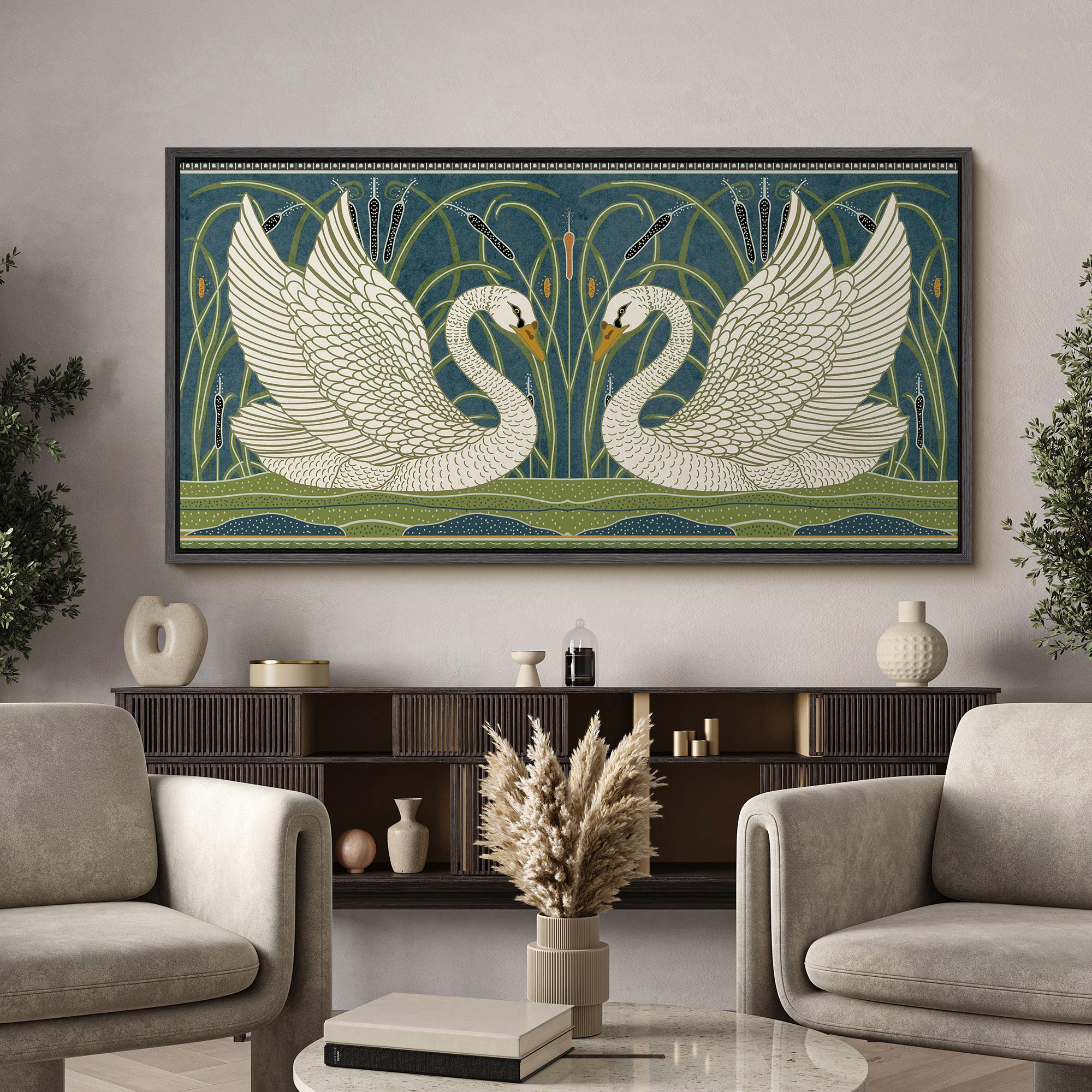Art Nouveau Swan Wall Art - Large Framed Symmetrical Birds in Pond ...