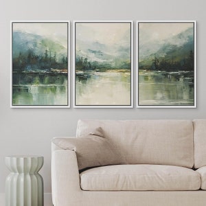 Dustinway Framed Canvas Print Wall Art Set of 3 Emerald Green Mountain ...
