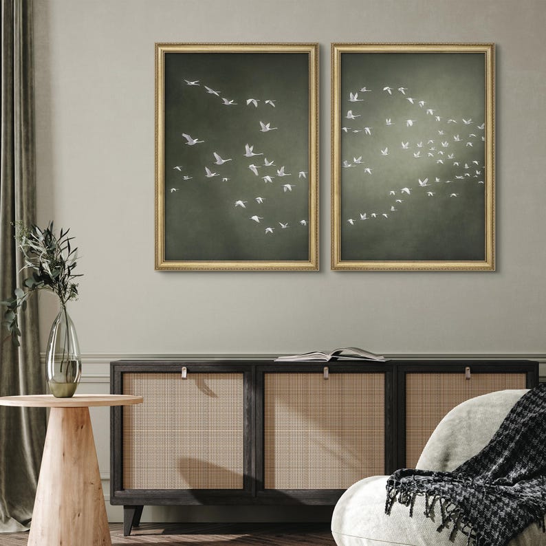 Framed Flying White Birds Wall Art Set of 2, Minimalist Green Prints ...