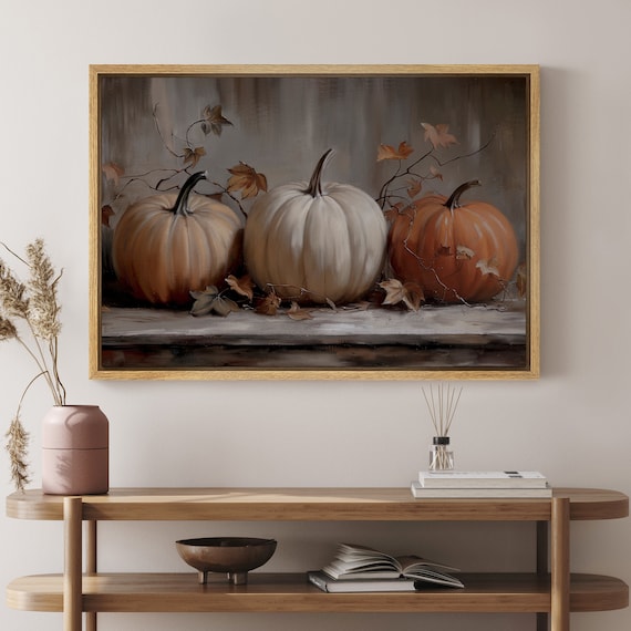 Framed Canvas Wall Art Fall Pumpkins Prints Vintage Retro Rustic Pumpkin Wall Art Neutral Autumn Halloween Wall Print Living Room Decor