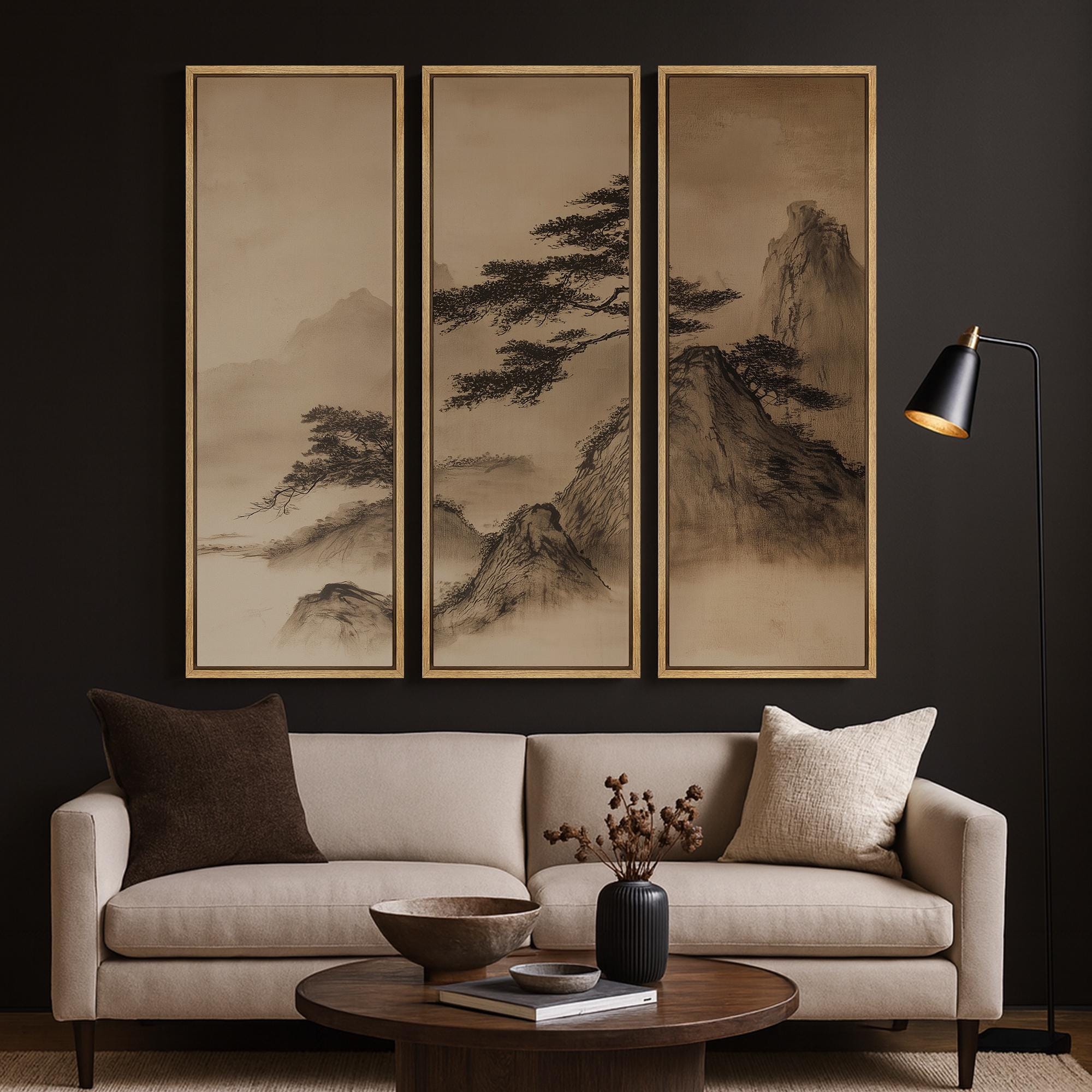 Large Framed Asian Mountain Pine Tree Wall Art Set of 3, Chinese Ink ...