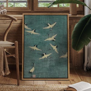 Framed Canvas Japanese Crane Wall Art, Minimalist Oriental Flying Birds Print, Green Vintage-Inspired Crane Poster for Zen or Modern Decor