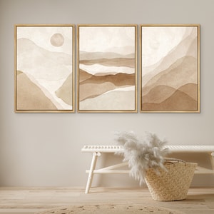 Framed Canvas Print Wall Art Set of 3 Abstract Beige Sunset Mountain Landscape Art Prints Minimalist Modern Neutral Wall Art Farmhouse Decor