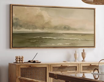 Minimalist Abstract Ocean Wall Art, Large Framed Neutral Watercolor Seascape Canvas Print, Modern Coastal Landscape Decor for Bedroom