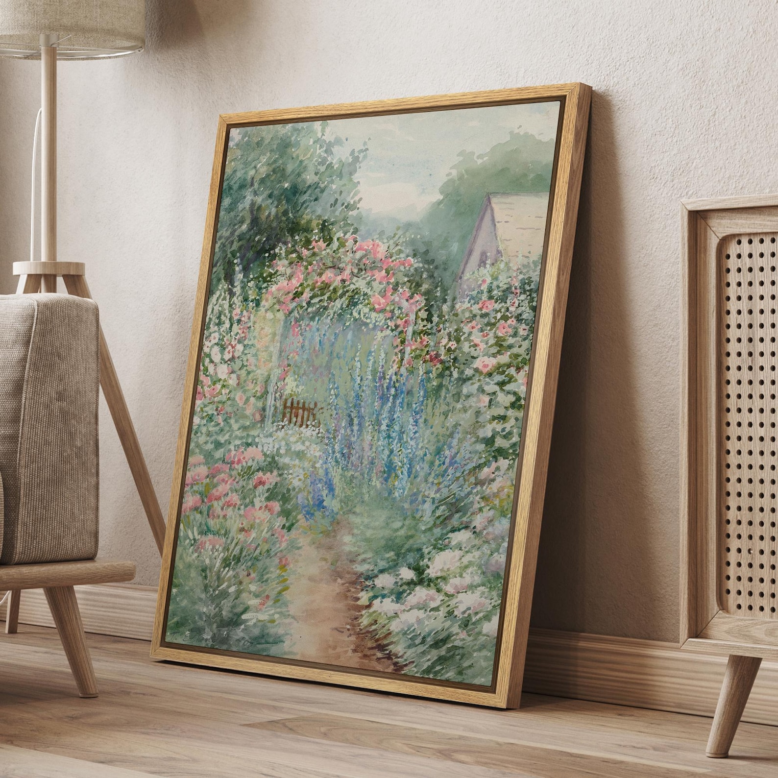 Framed Canvas Wall Art Vintage Summer Garden Painting Printed Artwork Illustration Minimalist Modern Wall Art Living Room Decor