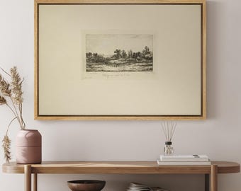 French Landscape Canvas Art - Framed Antique Art with Script, Rustic Countryside Print for Classic Home or Library Decor
