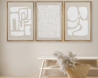 Framed Wall Art Print Mid-Century Beige White Geometric Spiral Ring Paint Strokes Shapes Polygons Abstract Minimalist Neutral Decor