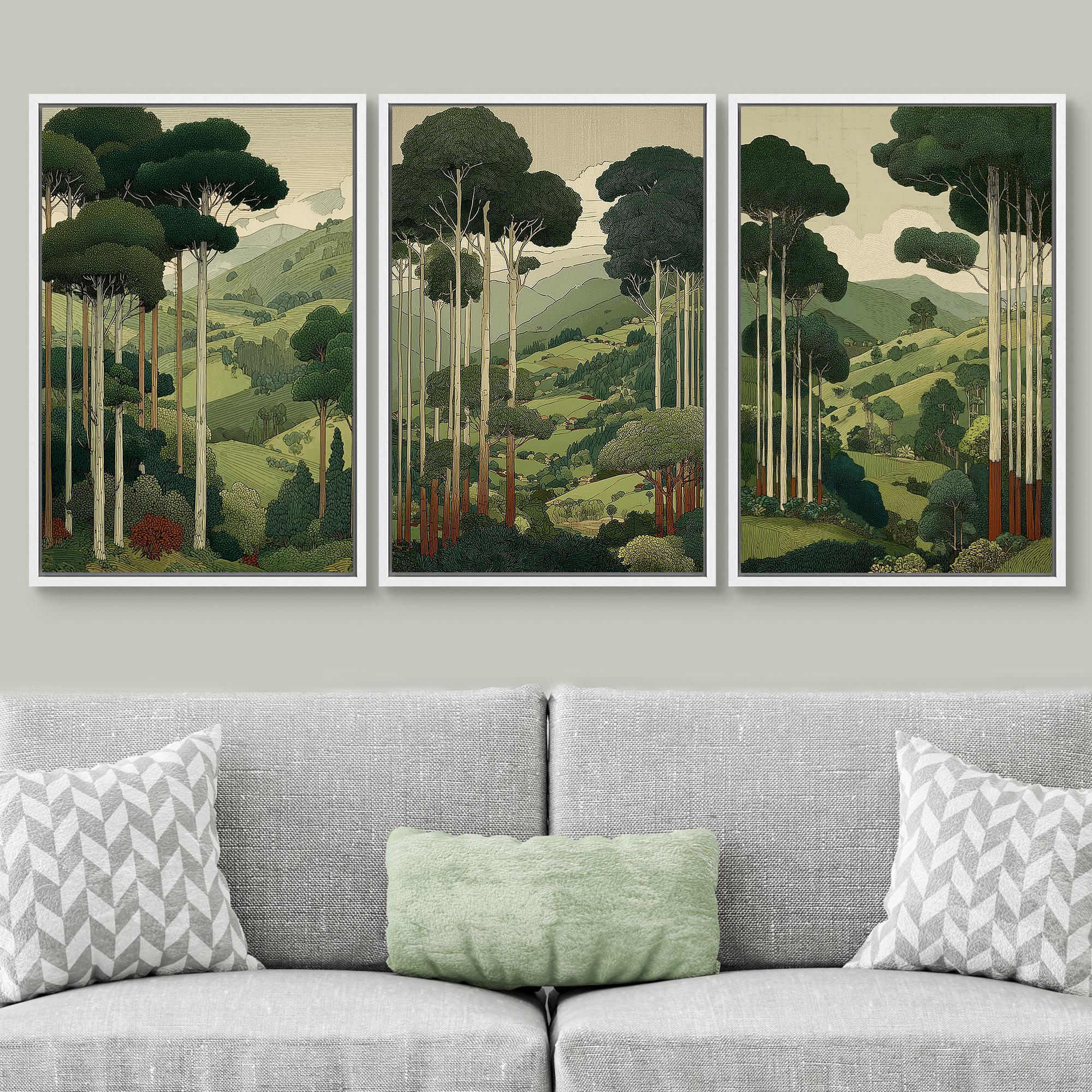 Japanese Forest Landscape Framed Wall Art Set of 3, Retro Woodland