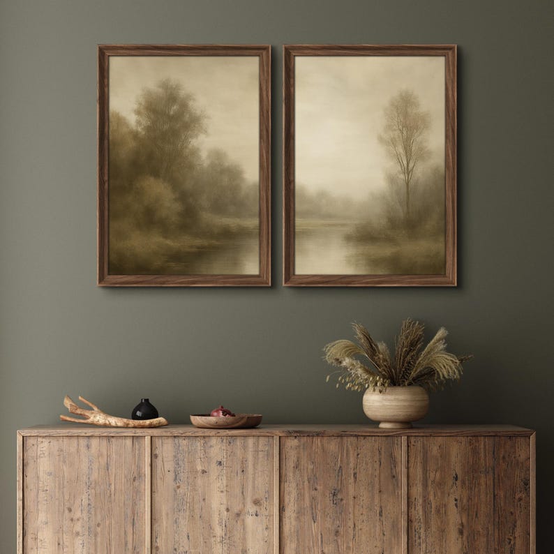 Framed Sepia Lake Landscape Wall Art Set of 2, Misty Forest Prints ...